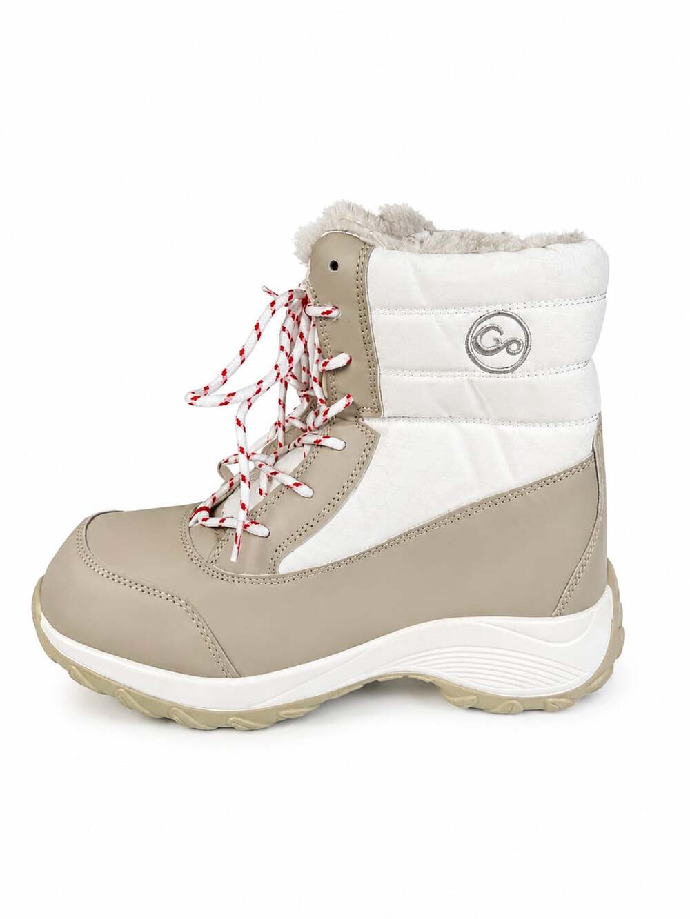 Women's Beige and White Platform Lace-Up Winter Snow Boots with Fleece Lining